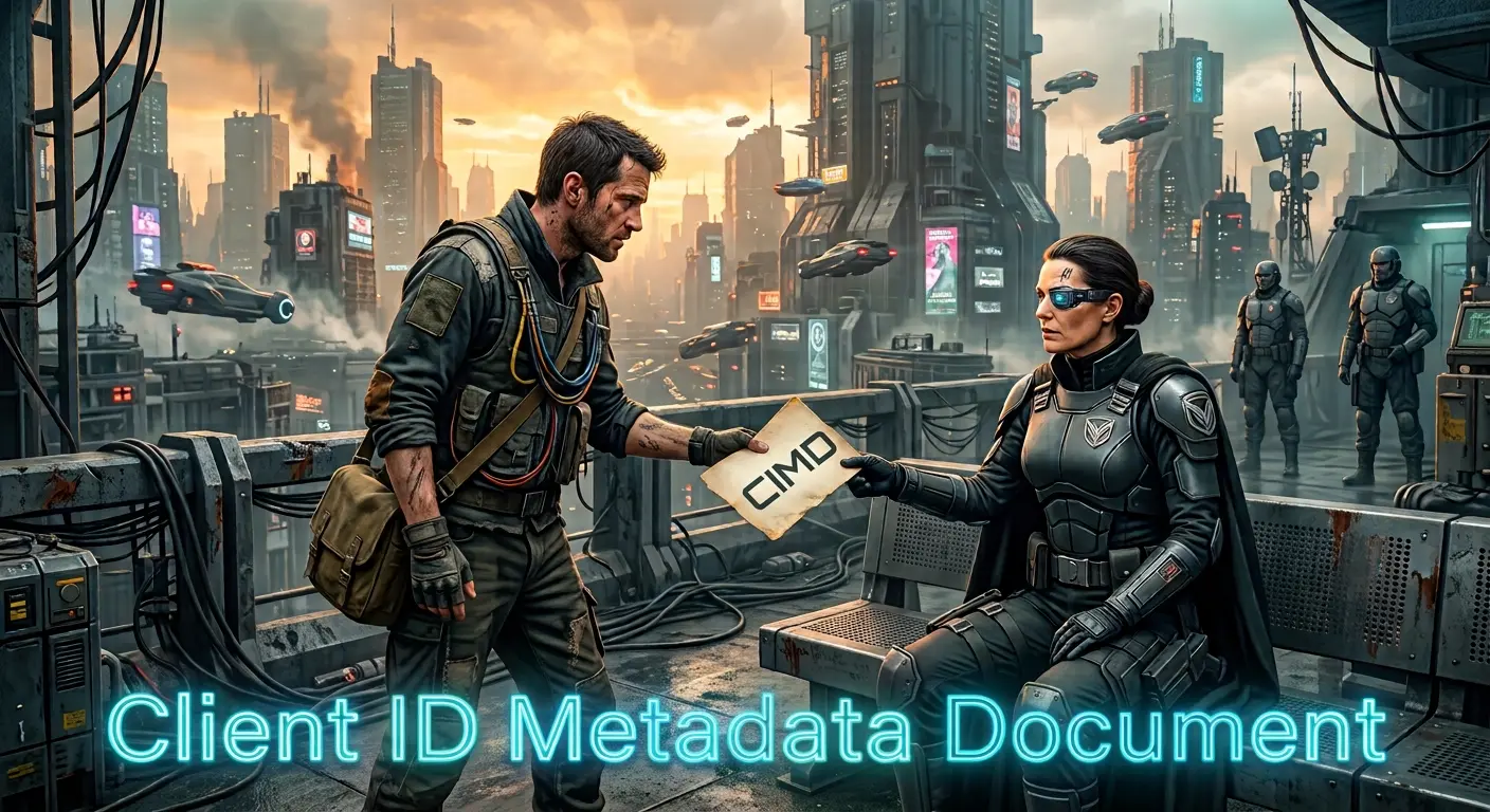 A traveler hands a worn document marked CIMD to an armored checkpoint officer while guards look on, in a neon-lit dystopian city